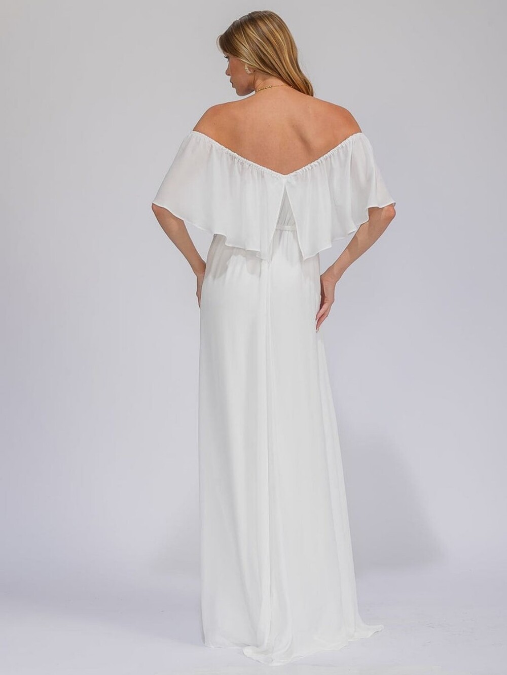 XS, White Boho Off Shoulder Maxi Dress Flowy Ruffle Beach Wedding Bridal Dress